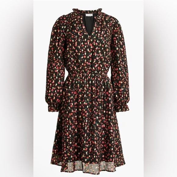 J.Crew Ruffleneck Mini Dress Metallic Rose Pattern Elastic Waist Size 12 - Picture 2 of 11